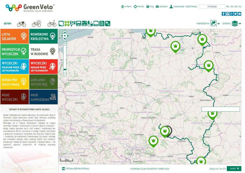 KAMPANIA INTERNETOWA - PORTAL INTERNETOWY I APLIKACJA MOBILNA BUDŻET: 392 370,00 ZŁ Interaktywna mapa szlaku Opis atrakcji turystycznych Interaktywny przewodnik po szlakach wokół Green Velo Baza MPR