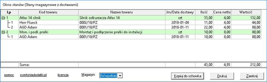 Dzia anie dodatku Aby uruchomi dodatek nale y wybra interesuj ce nas towary w kartotece towarów. Nast pnie wybra Wydruki -> `Stany magazynowe z dostawami (BLOT)`.