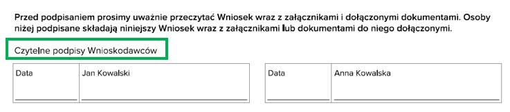 Po pozytywnym sprawdzeniu cały formularz zostanie zablokowany (bez możliwości jego ponownej edycji) oraz pojawi się miejsce na podpis wnioskodawców.