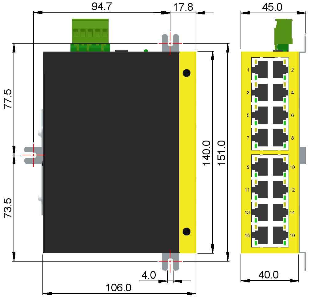 Wymiary dla montażu w szynie DIN Wymiary dla montażu panelowego Informacje dotyczące zamówienia Model WE DC Napięcie WE DC KFS-164-L TB-5P, DC Jack +4.