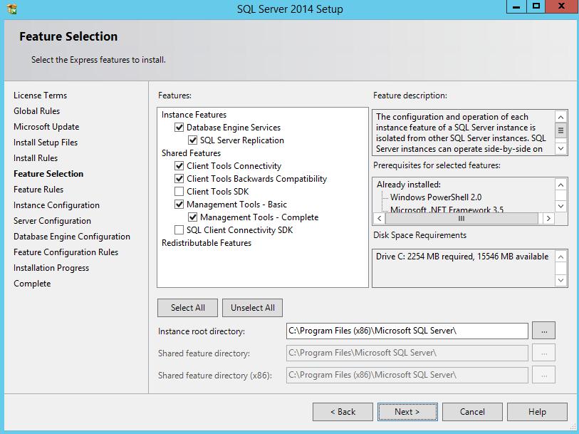 W oknie Feature Selection należy zaznaczyć opcje: Database Engine Services, SQL Server Replication, Client