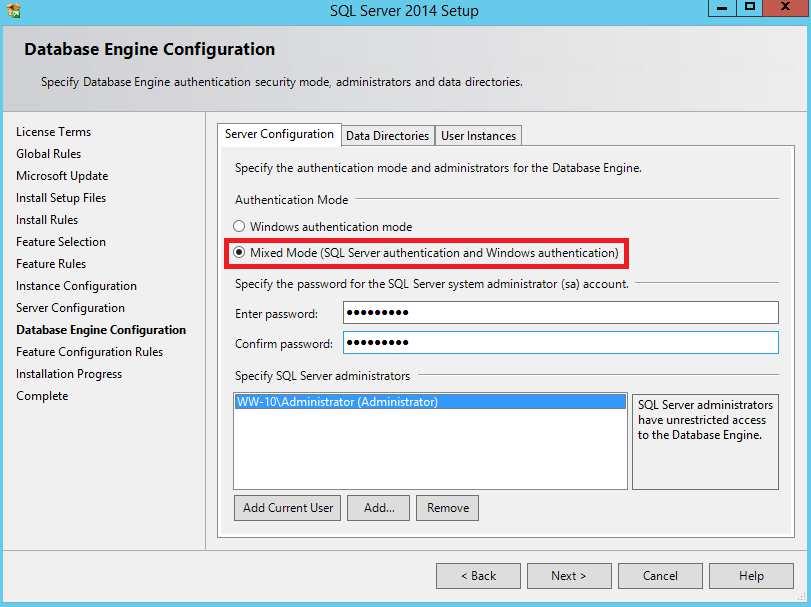 W oknie Database Engine Configuration należy zaznaczyć opcję Mixed Mode (SQL Server