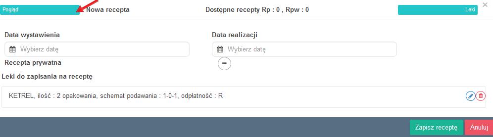 Po zapisaniu recepty system automatycznie przejdzie do próby wydruku danej