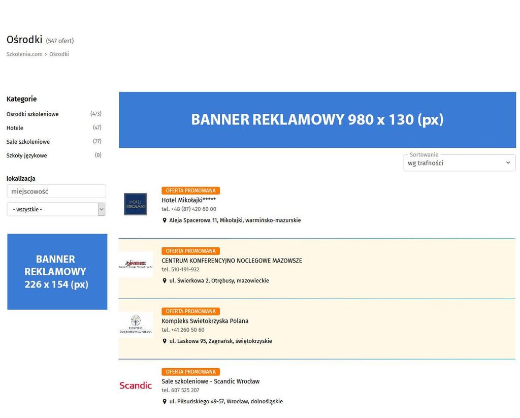 REKLAMA Serwis Szkolenia.com umożliwia promowanie twoich usług w różnych wariantach reklamowych. 1. Wyróżnienie i podświetlanie firmy oraz obiektu na liście wyszukiwania 2.