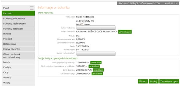 W oknie możesz: uzyskać szczegółowe dane o rachunku (dane właściciela, numer rachunku, nazwa rachunku, waluta, oprocentowanie MA, oprocentowanie WN, saldo, wolne środki, numer rachunku VAT