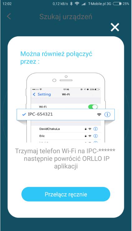 W przypadku kiedy nie mamy możliwości dodania kamery do aplikacji, a kamera podczas jej dodawania wyświetla komunikat odnośnie połączenia się z trybem AP: Należy przejść do ustawień WiFi w telefonie,