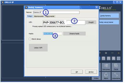 W oknie dodawania kamery, zobaczymy trzy okna: 1. Nazwa kamery - wpisujemy dowolnie (domyślna nazwa "Kamera IP"). 2. Numer UID kamery - po wyszukaniu kamery uzupełni się automatycznie. 3.