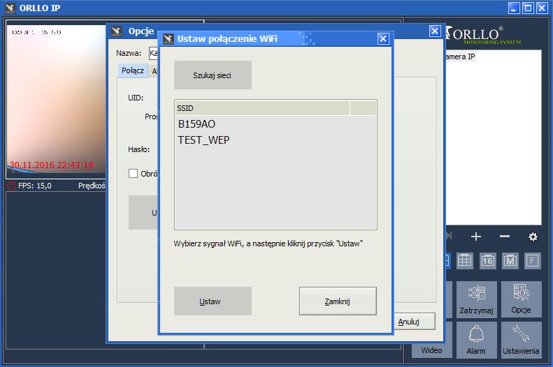 USTAWIENIA WIFI Po dodaniu kamery, możemy zmienić sieć, aby to zrobić wchodzimy w opcje kamery [ otwarciu okna zarządzania kamerą klikamy opcję Ustaw WIFI. ].