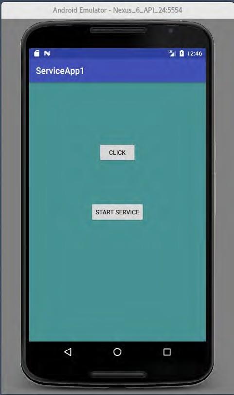 Jeśli klikniesz górny przycisk, okno otrzyma losowy kolor, a kliknięcie dolnego przycisku uruchamia usługę IntentService. Usługa jest napisana jako następująca klasa: import android.app.