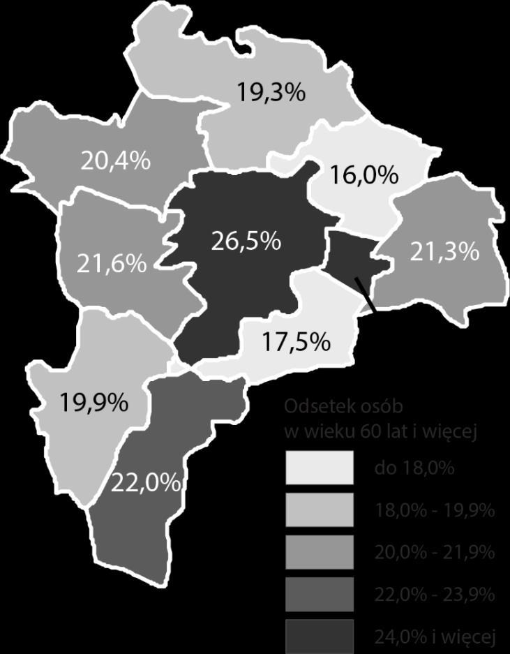 2. Ludność w wieku 60+ w Lublinie Kartogram 4. Odsetek osób w wieku 60 lat i więcej w Lublinie i gminach sąsiadujących z Miastem w 2017 roku Wykres 5.