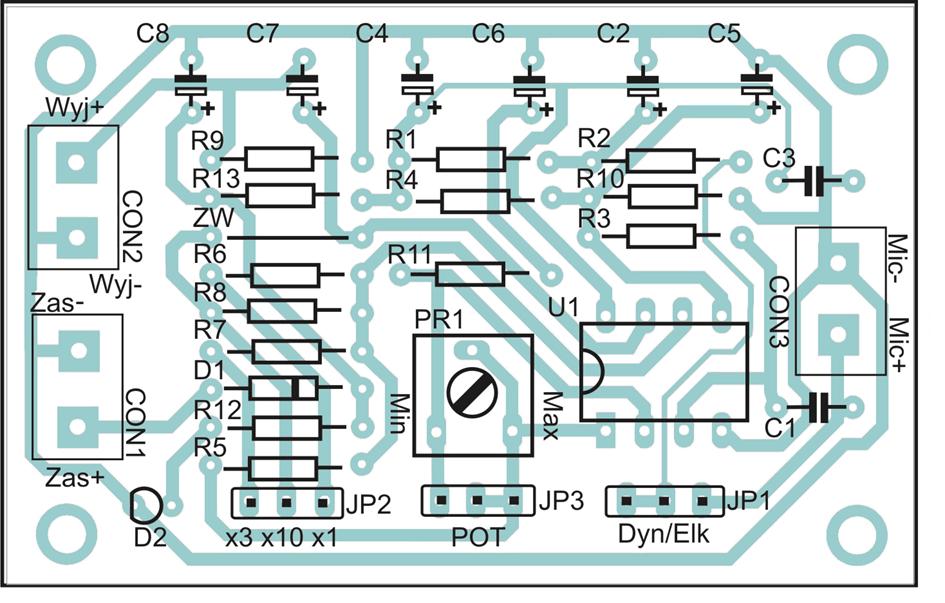 Schemat montażowy Wykaz elementów: R1, R2, R5, R6, R12: 2,2 kω R3: 100 kω R4, R8, R9, R10: 22 kω R7: 9,1 kω R11: 10 kω R13: 100 Ω PR1: 10 k miniaturowy C1: 220 nf MKT C2, C4, C8: 220 uf/25 V C3: 100