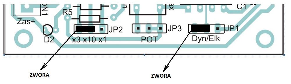 Zmierz napięcie na zaciskach Zas+, Zas- i wpisz wynik pomiaru do protokołu z testu wzmacniacza mikrofonowego. 2. Ustaw zworę JP1 w pozycji Elk.