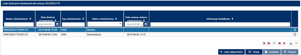 Po złożeniu oświadczenia o spełnieniu OKM, użytkownik ma możliwość pobrania dokumentu PDF, który został przez niego podpisany w procesie składania oświadczenia poprzez kliknięcie w ikonę