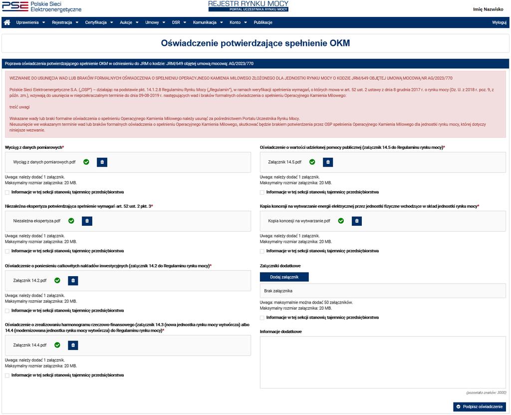 Nowe oświadczenie otrzymuje status Złożony i jest oznaczone kolejną liczbą porządkową w ostatniej części numeru oświadczenia (w przykładzie numer