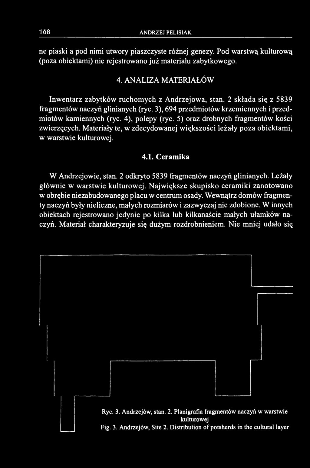 4), polepy (ryc. 5) oraz drobnych fragmentów kości zwierzęcych. Materiały te, w zdecydowanej większości leżały poza obiektami, w warstwie kulturowej. 4.1. Ceramika W Andrzejowie, stan.