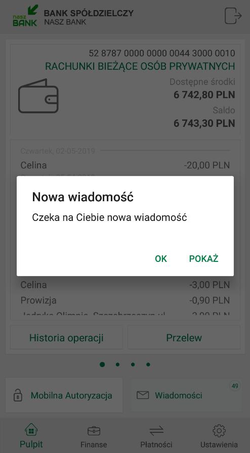 Widok podzielony jest na zlecenia Do autoryzacji i Historia zleceń autoryzacyjnych, wybierając kliknięciem wyświetlony komunikat zobaczymy szczegóły danej operacji.