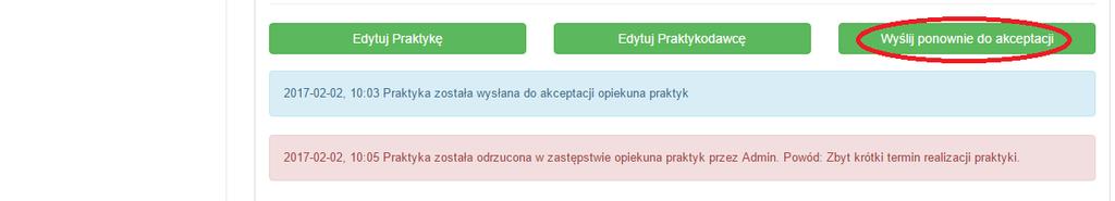 Pole do edycji Praktykodawcy: (jeżeli dany Praktykodawca został wcześniej wprowadzony do bazy przez innego studenta i zatwierdzony przez jego Opiekuna to jedynym edytowalnym polem będzie Osoba