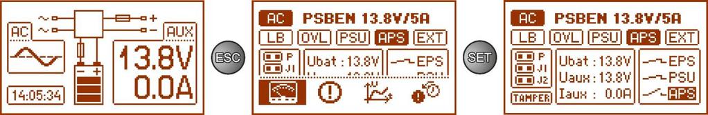 5.4.2 Ekran bieżące parametry W celu ustawienia ekranu należy nacisnąć przycisk ESC, strzałkami < lub > wybrać ikonę a następnie zatwierdzić przyciskiem SET.