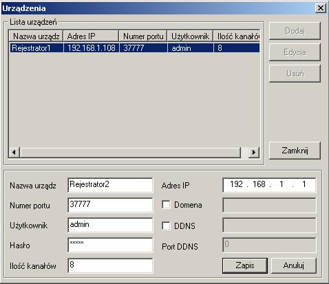 Adres IP: Adres IP rejestratora (lub kamery IP), który chcesz dodać do listy urządzeń. Numer portu: Numer portu TCP, ustawionego w rejestratorze (port strumienia danych).