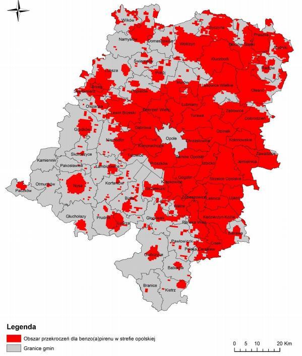 Obszary przekroczeń dla benzo(a)pirenu - poziom