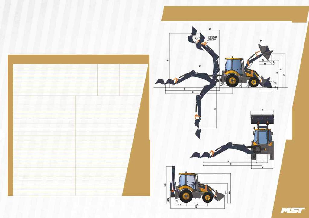 SPECYFIKACJA TECHNICZNA A A B C D E F G J K Y SS QQ Z ZZ YY XX X TT RR P S R V M N O U T Q H W L Maksymalna głębokośc kopania wg SAE (mm) Maksymalna głębokość kopania (mm) Zasięg na poziomie gruntu