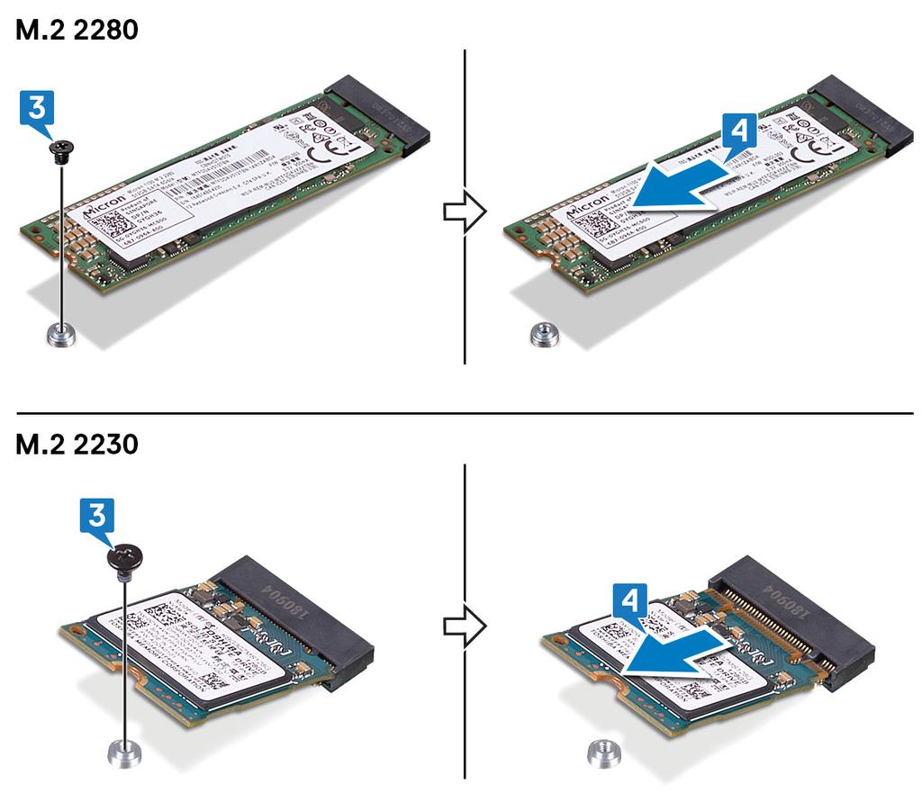 3. Wykręć śrubę (M2x3) mocującą dysk SSD / pamięć Intel Optane do zestawu podparcia dłoni i klawiatury. 4.