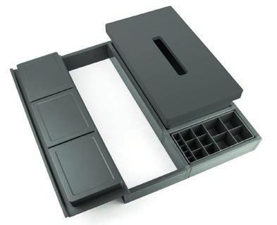 322 Adjustable organiser drawer of width composed with tray, three boxes and makeup compartment.