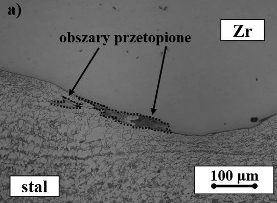 Rys. 2. Struktura w strefie połączenia po wygrzewaniu w temperaturze 600 C: pr. 10h, pr. 100h Fig. 2. Structure in the joint zone after heating at 600 C for: sp. 10h, sp.