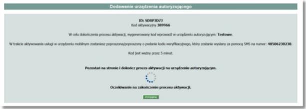 4. W kolejnym kroku system generuje oraz prezentuje użytkownikowi kod aktywacyjny oraz komunikat jakie dane będą wymagane do wprowadzenia przez użytkownika w aplikacji mobilnej Token SGB w celu