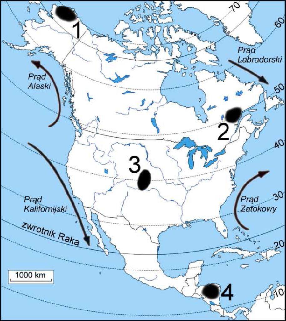 Zadanie: 160 Na mapie numerami 1.-4. oznaczonowybrane obszary w Ameryce Północnej.