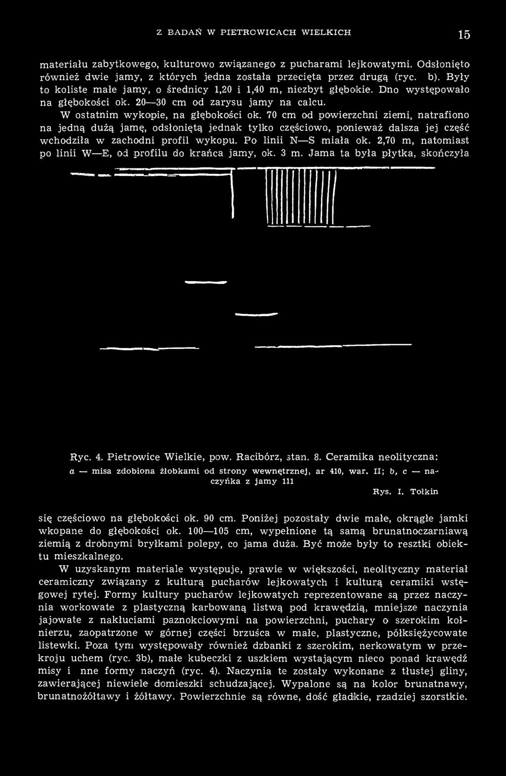 70 cm od powierzchni ziemi, natrafiono na jedną dużą jamę, odsłoniętą jednak tylko częściowo, ponieważ dalsza jej część wchodziła w zachodni profil wykopu. Po linii N S miała ok.