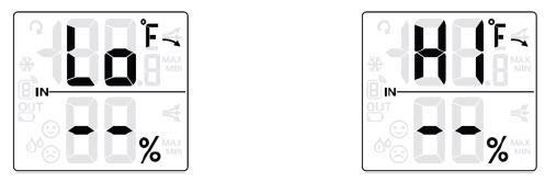 1. Krótko naciśnij przycisk OUT, aż wyświetli się "IN". Urządzenie wyświetla teraz temperaturę wewnętrzną C / F i wilgotność względną w %. 2.