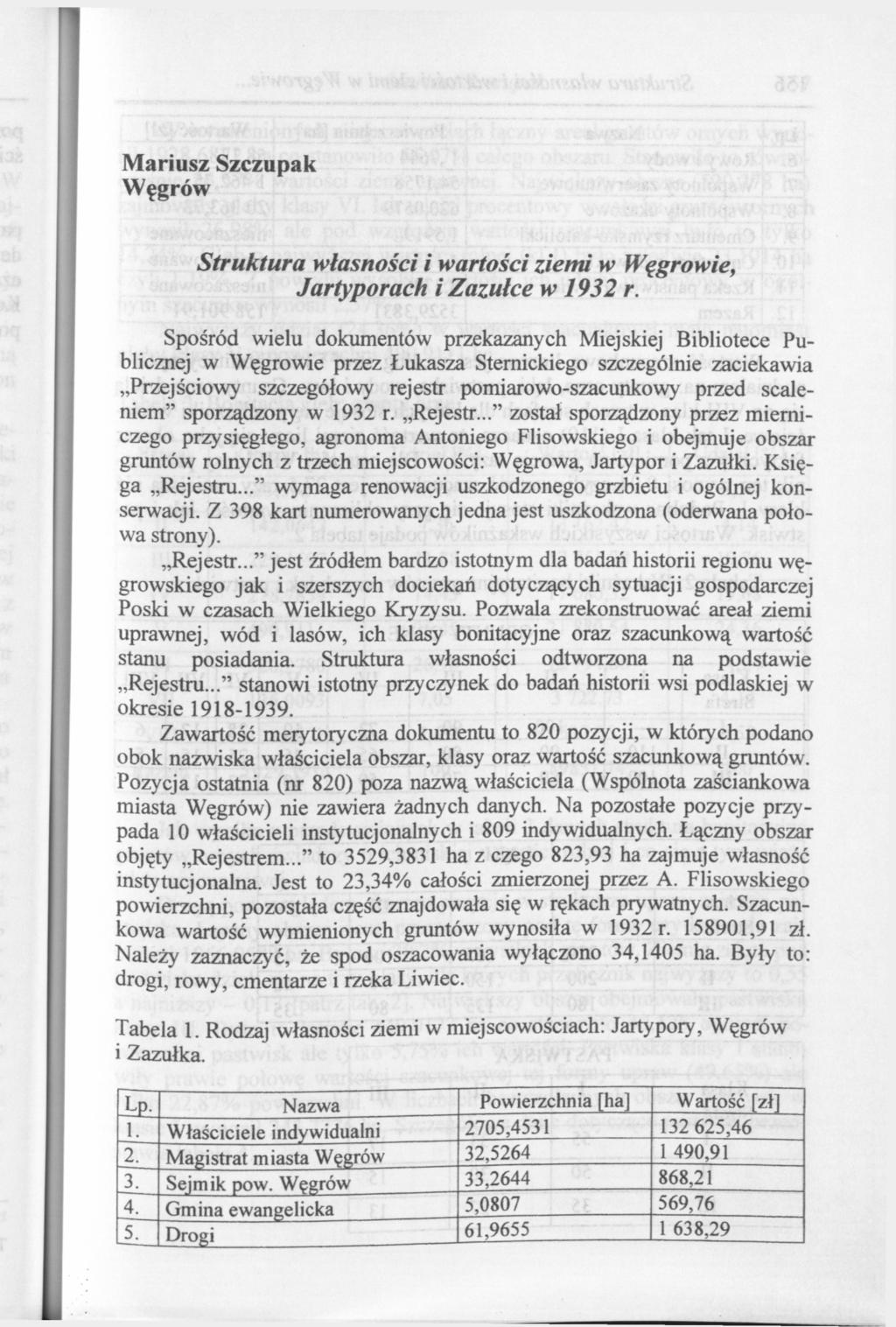 Mariusz Szczupak Węgrów Struktura własności i wartości ziemi w Węgrowie, Jartyporach i Zazułce w 1932 r.