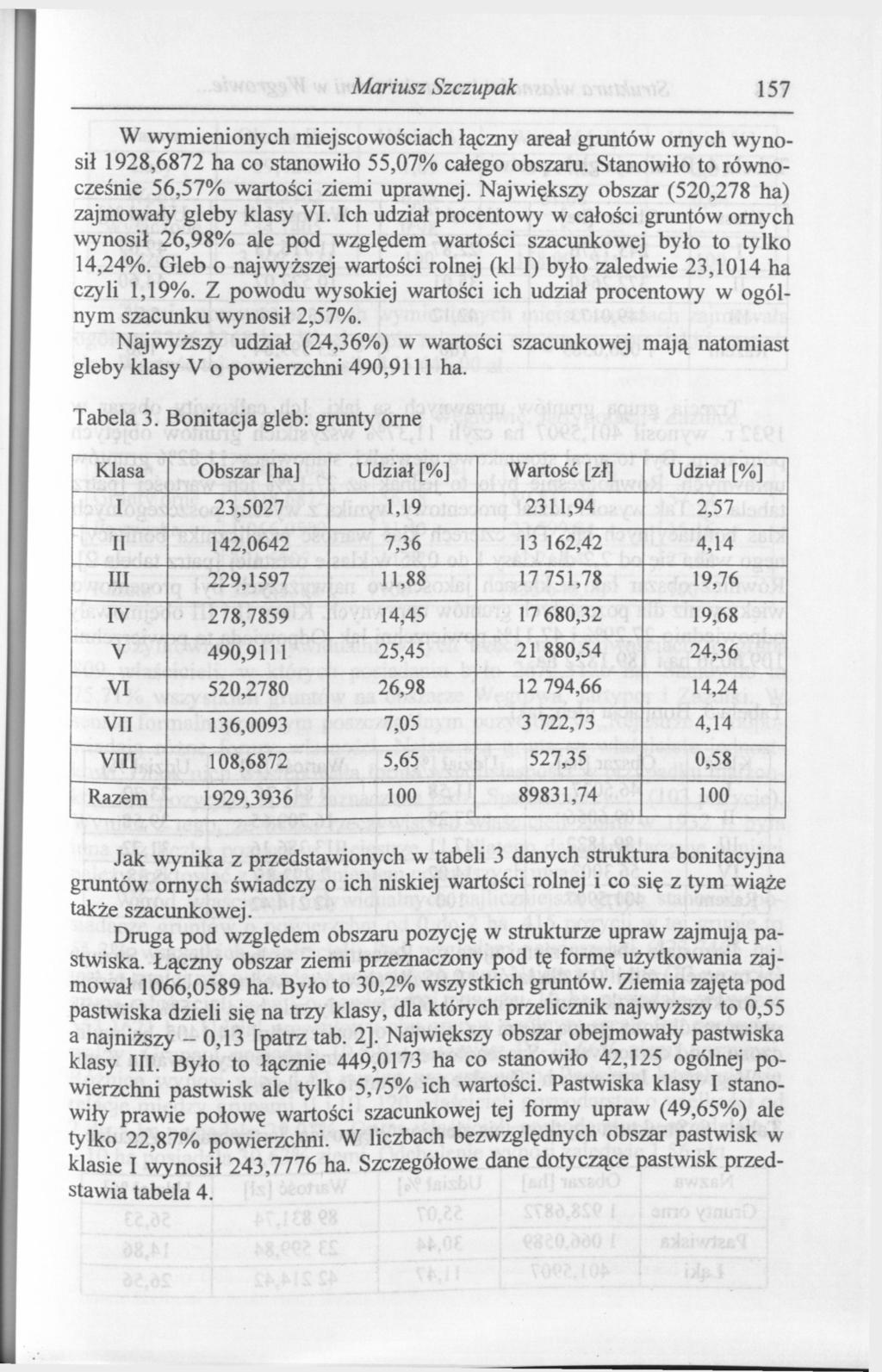 Mariusz Szczupak 157 W wymienionych miejscowościach łączny areał gruntów ornych wynosił 1928,6872 ha co stanowiło 55,07% całego obszaru. Stanowiło to równocześnie 56,57% wartości ziemi uprawnej.