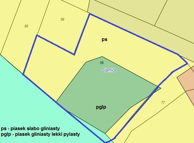 Użytek i klasa bonitacyjna: ŁV: 0,5990 ha, Bz: 0,8847 ha Mapa glebowa: Teren znajduje się w obszarze otuliny Parku Krajobrazowego