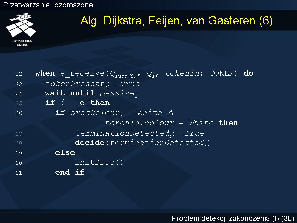 Detekcja zakończenia: Dijkstra, Feijen, van Gasteren (6) Odebranie znacznika (tokena) przez proces Q i wysłanego przez jego następnika w pierścieniu Q succ(i), powoduje ustawienie zmiennej