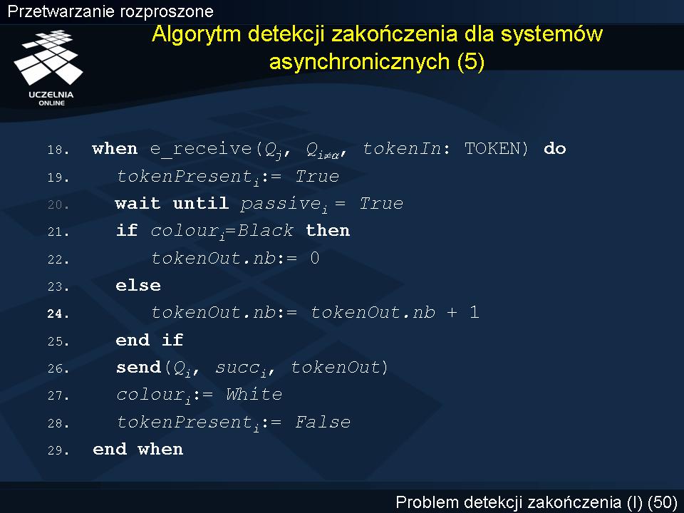 Algorytm detekcji zakończenia dla systemów asynchronicznych (5) Po otrzymaniu znacznika, monitor Q i przesyła go dalej w momencie, gdy obserwowany przez niego proces staje się pasywny.