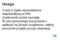 Ważne: Po wprowadzeniu nieprawidłowego kodu e-pin wyświetli się komunikat: W