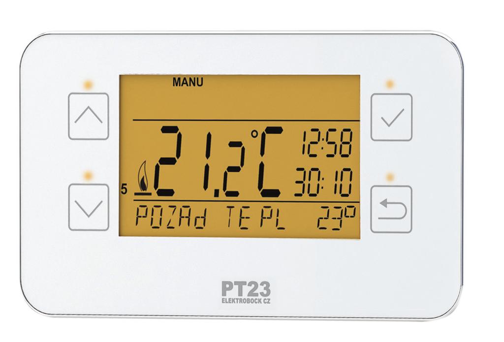 OPIS PT23 to cyfrowy termostat pokojowy z podświetlanym wyświetlaczem do automatycznego sterowania ogrzewaniem.