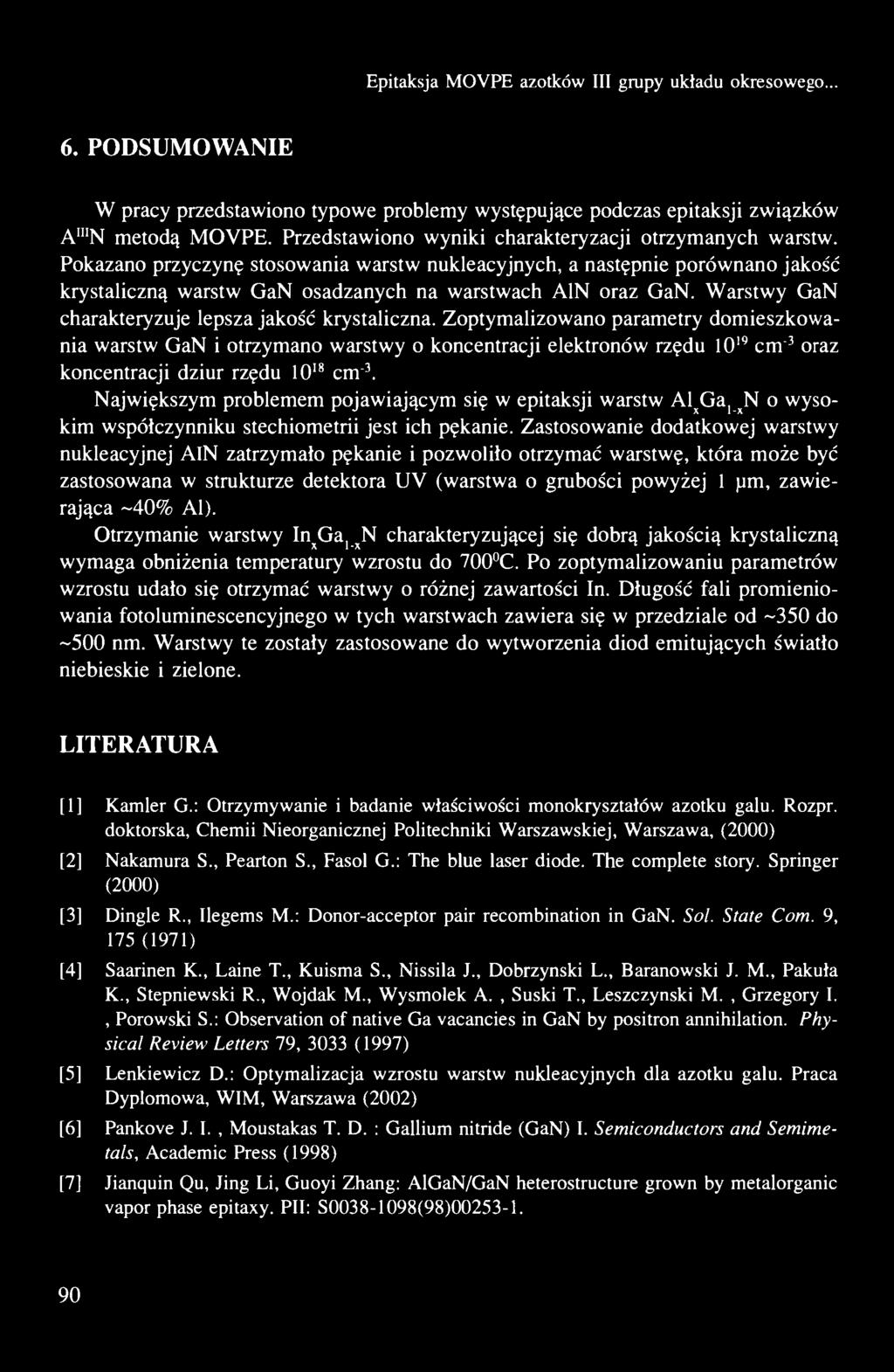 Epitaksja MOVPE azotków III grupy układu okresowego... 6. PODSUMOWANIE W pracy przedstawiono typowe problemy występujące podczas epitaksji związków A"'N metodą MOVPE.