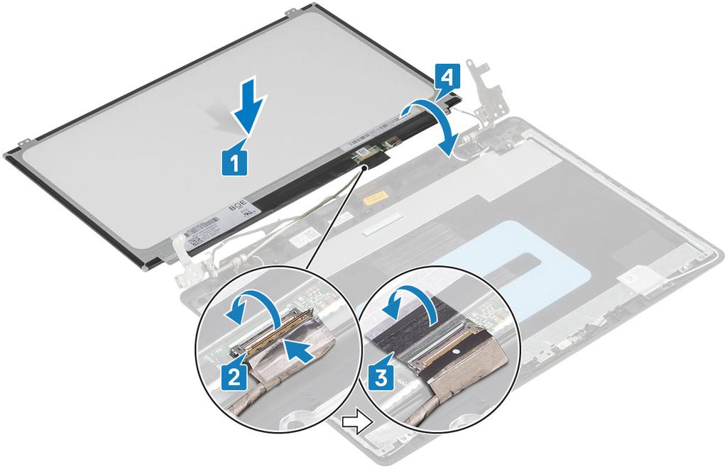 5. Dopasuj otwory na śruby w panelu wyświetlacza do otworów w zestawie pokrywy wyświetlacza i anteny. 6.
