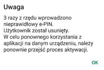 Ważne: Po wprowadzeniu nieprawidłowego kodu e-pin wyświetli się komunikat: W