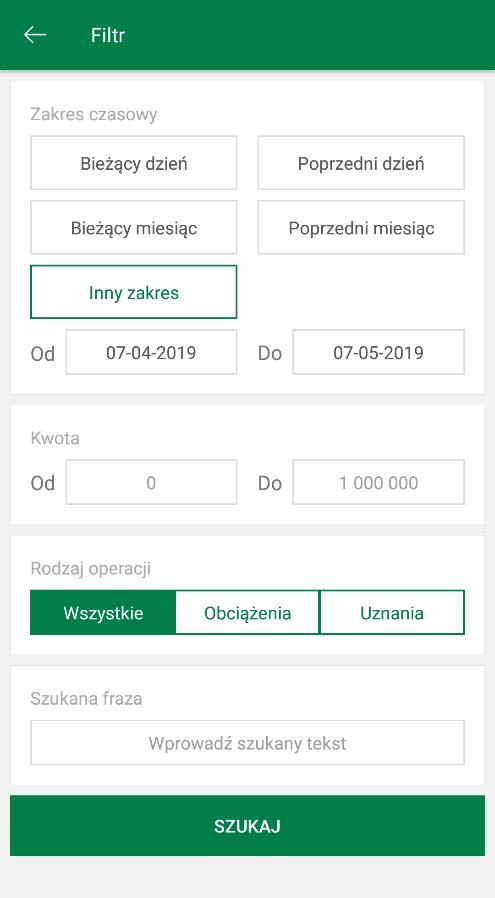 Po użyciu przycisku Filtr można wybrać interesujący nas zakres historii wykonanych operacji według kryteriów: zakres czasowy: bieżący dzień, poprzedni dzień, bieżący miesiąc, poprzedni miesiąc lub