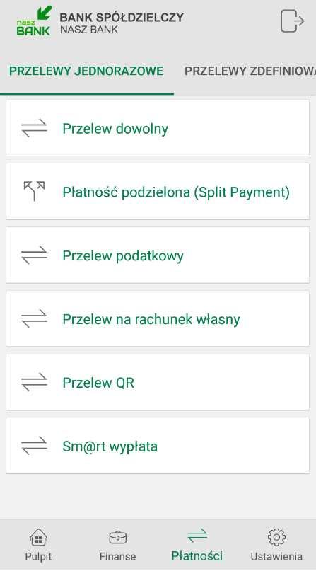 4. Płatności W momencie wyboru opcji Płatności menu Aplikacji rozszerzy się o trzy zakładki : przelewy jednorazowe, przelewy zdefiniowane i przelewy oczekujące.