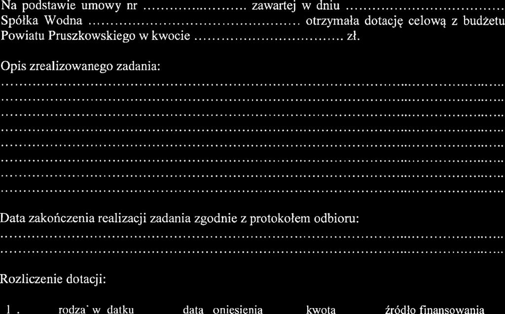 kwocie zawartej w dniu otrzymała dotację celową z budżetu zł Opis zrealizowanego zadania Data zakończenia realizacji zadania zgodnie z protokołem odbiom Rozliczenie dotacji rodzaj