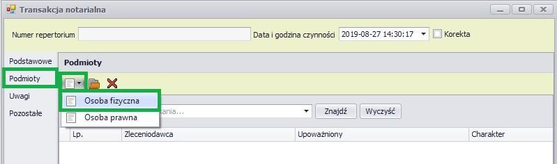 Aby dodać podmiot należy, w zakładce Podmioty kliknąć na ikonę Nowa i wybrać osobę fizyczną lub prawną.