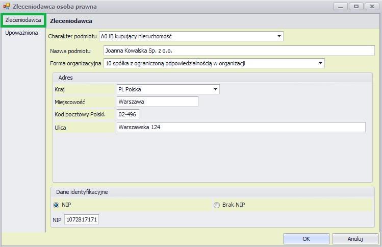 Po wciśnięciu przycisku OK na dole, w głównym oknie Transakcja notarialna pojawi się nasz podmiot prawny.