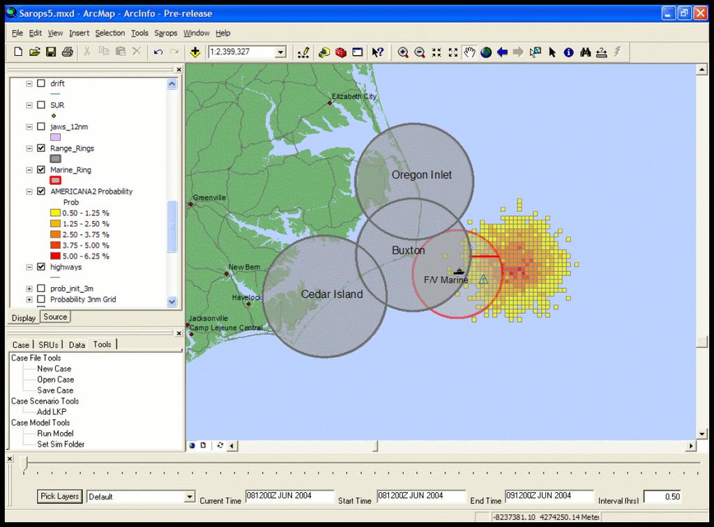 Głównym elementem programu SAROPS jest moduł symulatora wykorzystujący metodę Monte Carlo. Na rysunku 5 przedstawiono interfejs graficzny temu SAROPS, używanego przez United States Coast Guard. Rys.