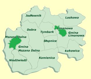 Rysunek 2. Mapa powiatu limanowskiego Źródło: www.powiat.limanowa.pl portal Powiatu Limanowskiego Gmina Limanowa jest gminą wiejską, otaczającą będące jej siedzibą miasto Limanowa.