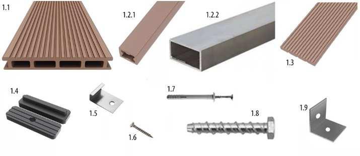 INSTRUKCJA MONTAŻU TARASU Z KOMPOZYTU DREWNA EKOTEAK 2. ELEMENTY SYSTEMÓW TARASOWYCH EKOTEAK 1.1 Deska tarasowa HD150H21 / wymiar 150 x 21 mm 1.2 Legar systemowy: 1.2.1 Na wylewkę betonową za spadkiem HD40H30 / 40x30mm 1.